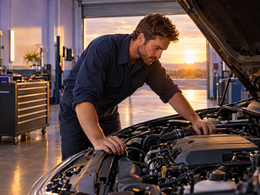 A mechanic leaning into the engine bay of a car in a workshop at sunset