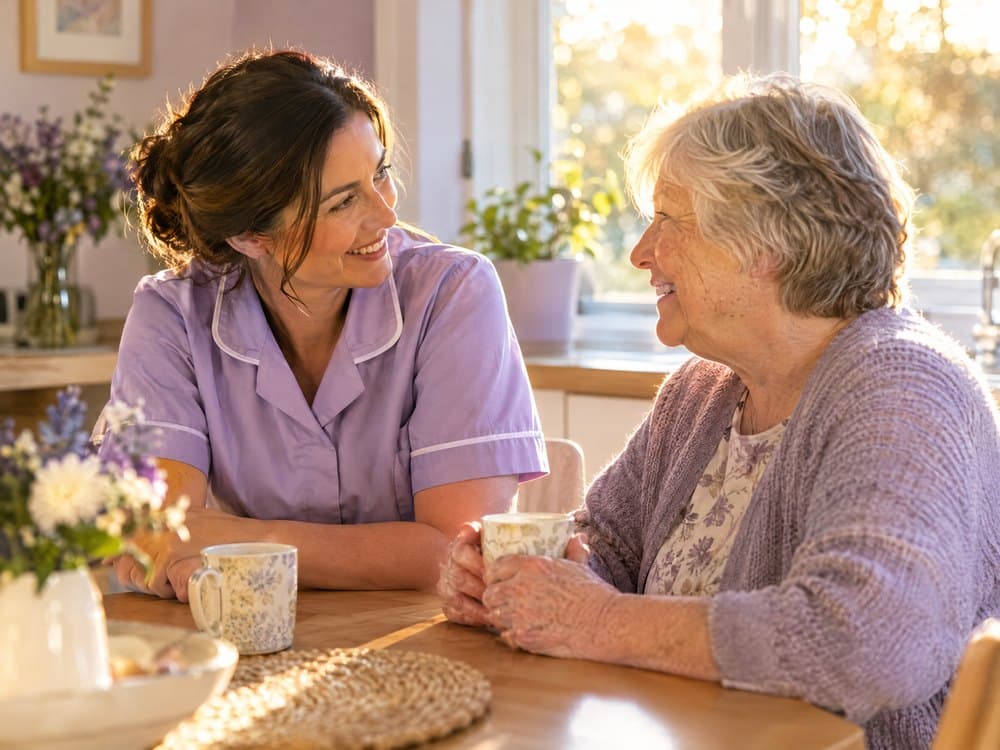 A support worker in a lilac uniform chatting with an older woman over tea at her kitchen table